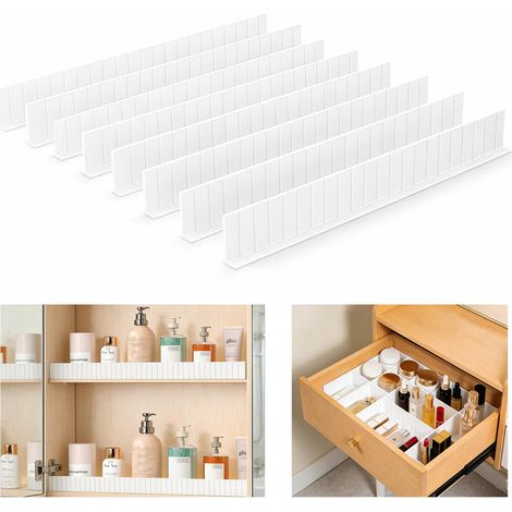 Séparateur de Tiroir Autocollant Lot de 8, Diviseur de Tiroir Réglable Découpable, Organisateur en Forme L, 40cm pour Cuisine Salle de Bain Étagère Armoire, Protection Anti Chute Blanc (1/4)