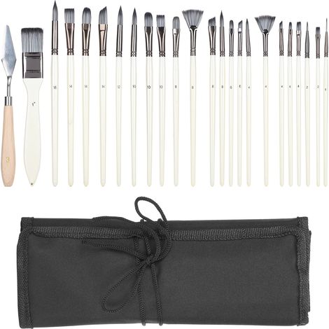 Ensemble de 24 pinceaux à poils en nylon, manches ergonomiques professionnels en bois et pochette à peinture. Convient pour l'acrylique, l'huile, l'aquarelle, la peinture sur galets et le blanc nacré. (1/5)
