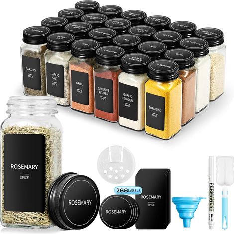 24 Pièces Pot à ÉPices Carrés Noirs avec Couvercles à Visser, 120 ml (10,5 X 4,5 cm) Bocaux à Épices, Bocal Epices avec Tamis, Pot Epices Verre avec 288 Étiquettes Pour Cuisine (24, 120ml) (1/5)