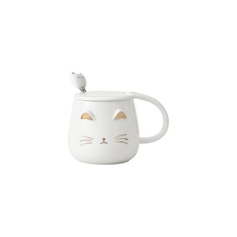 1 Katzenbecher, Keramik, weiß und gold, 450 ml, mit Deckel und Löffel, für Tee und Kaffee, Geschenkidee (1/5)