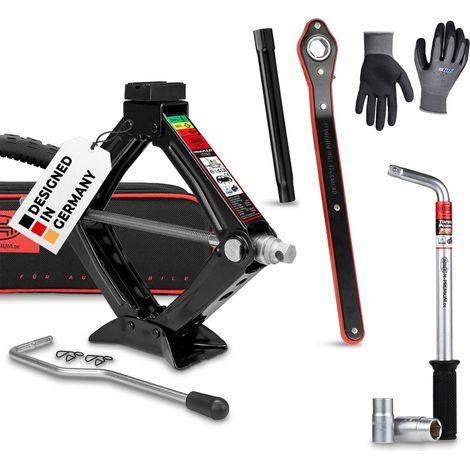 HEYNER® Wagenheber 0,8t Traglast Scherenwagenheber Set mit Radmutternschlüssel & Montagehandschuhe drehbarer Sattel und Gummiauflage TÜV & GS, 100–323mm