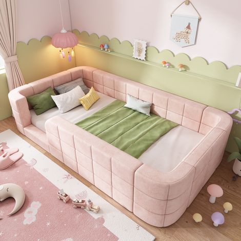 Lit au sol enfant 90x200 cm rembourré en chenille avec barrières de protection intégrales, entrée basse et sommier à lattes - Rose (1/5)