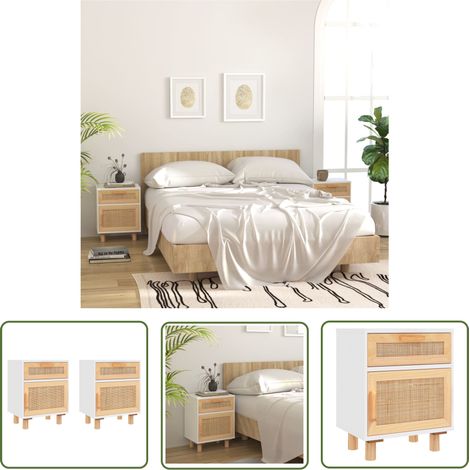The Living Store Nachttische 2 Stk. Weiß Massivholz Kiefer und Natur-Rattan - Nachttisch - Wohnzimmerdeko - Skandinavisches Design - Holzmöbel - Kiefernholz (1/5)