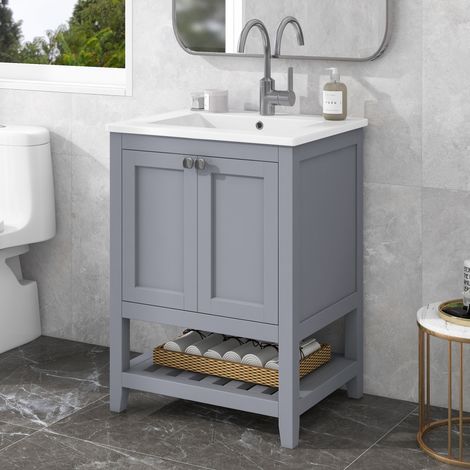 Badezimmermöbel-Set, Keramik, mit 2 Türen, Stauraum und Waschbecken, Ablagen, mit Hahnöffnung – Grau