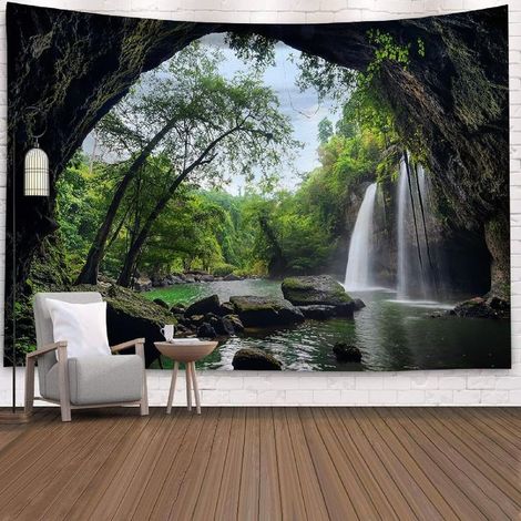 Tapisserie Murale Paysage Nature, Tenture Murale Cascade Tenture Murale Foret Tapisserie 3D Arbre Trou Lac Montagne Jungle Vert 230X180cm (1/5)