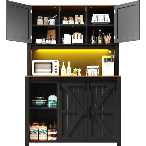 ELVMI Credenza Alta da Cucina con Ante Scorrevoli, 2 Cassetti e LED, 115 x 40 x 174.7 cm, Nero (1/5)