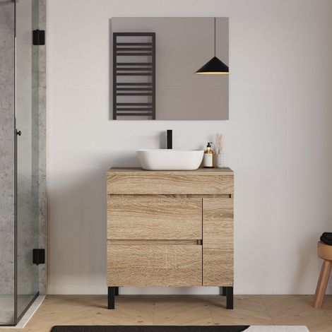 Meuble de salle de bain 70cm avec plateau et vasque à poser arrondie - porte et tiroirs - cambrian (chêne clair) - LAZARO (1/5)