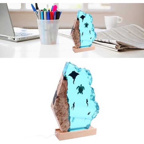 Luminaire de Bureau Époxy à LED avec Base en Bois et Sculptures de Plongeurs, Poissons, Tortues Lampe de Chevet Décorative (1/4)