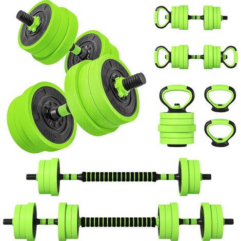 Kit de musculation 4 en 1 de 20 kg, convertible en kettlebell, comprenant 2 haltères, une barre et un support pour pompes, vert. (1/5)