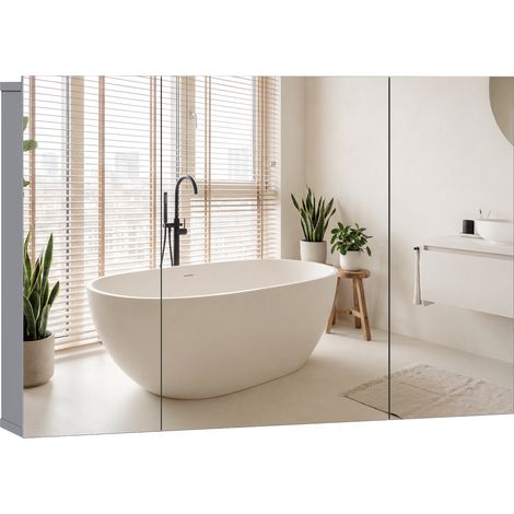 Armoire miroir murale de salle de bain, coffret de toilette 3 portes, étagères réglables, gris (1/5)