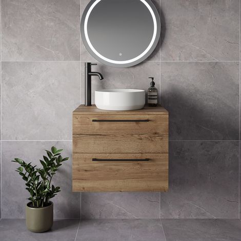 Napoli 460 Tobacco Oak 600mm Wall Mounted 2 Drawer Vanity Unit for Countertop Basins - 600mm - Matt Black 320mm Handle