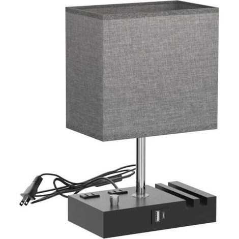 Kakanuo Lampe de table de chevet entièrement à intensité variable pour chambre à coucher avec ports USB C, petite lampe de chevet grise avec prises de charge et supports de téléphone, lampe