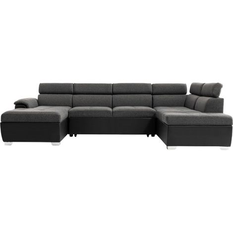 Loungitude – Canapé d'angle panoramique convertible 320,5 x 188 cm – Tissu et simili gris et noir – Grand coffre de rangement – Couchage 118 x 260 cm (1/5)