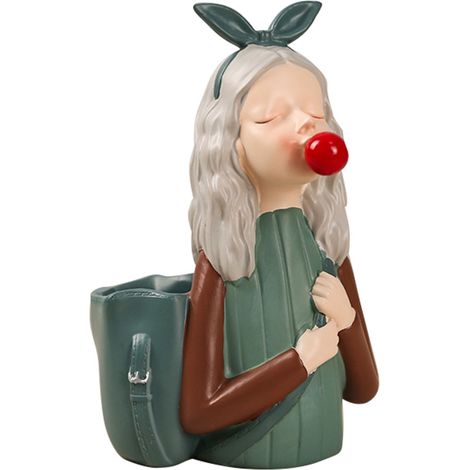 Pot à Stylo Fille Bulle Résine Déco Bureau Mignon Ornement Artisanal Vert (1/5)