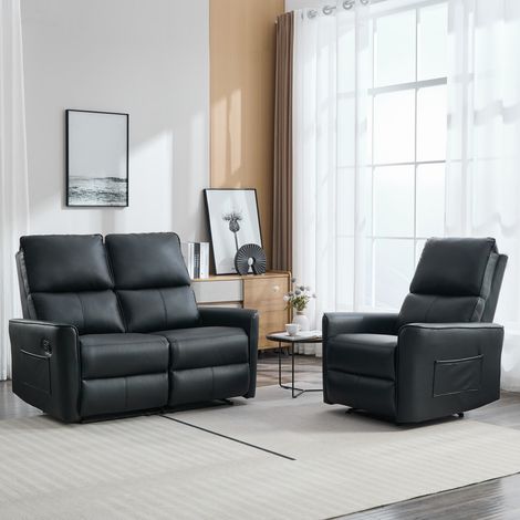 MADRID 1+2 SEATER MANUAL RECLINER AIR LEATHER SOFA SET BLACK (1/5)
