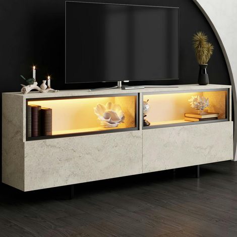 Meuble TV décor travertin 2 portes 2 niches hautes LED AURA (1/5)