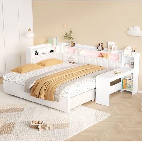 Letto estraibile 90/200–180/200 cm bianco imbottito con LED, USB e scrivania integrata (1/5)