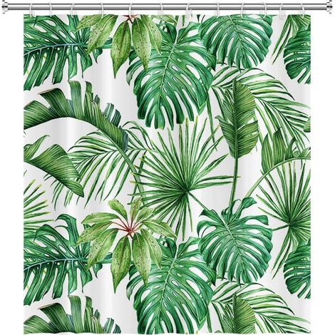 180x180cm Aquarelle Vert Feuilles de Palmier Rideau de Douche Été Tropical Plantes Botaniques de Bain Feuille de Banane Monstre Avec Crochets (1/5)