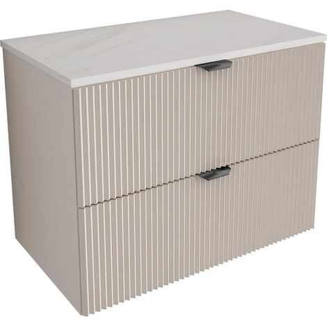 Mobile da bagno con frontale scanalato 80 cm con 2 cassetti, cashmere, con piano in marmo bianco (MDF), con maniglia nera, 80 x 47 x 60 cm (1/5)