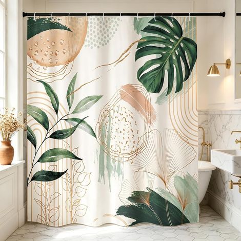 Rideau de Douche Anti Moisissure Lavable, 80x200cm, Vert, Tropical et Ginkgo Art Déco, Tissu Polyester Imperméable, pour Salle de Bain, avec Crochets (1/5)