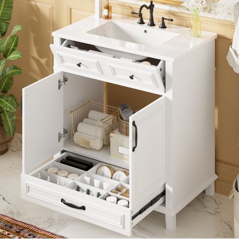 Meuble vasque 77x46x86 cm en MDF et céramique blanc, avec rangement pour salle de bain FloraGrace (1/5)