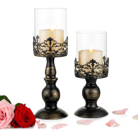 Ensemble de 2 Bougeoirs pour Bougies Piliers avec Couvercle D'écran en Verre, Chandelier Ouragan en Métal Antique pour la Décoration de la Pièce Maîtresse de la Table à Manger (1/5)