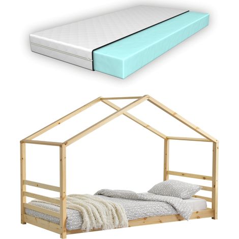 Casita-cama infantil con colchón y somier de láminas de madera de pino natural 90 x 200 cm 030005496