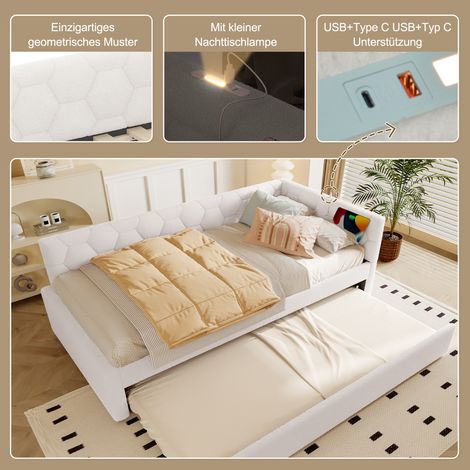 Canapé-lit 90x200 cm blanc, sommier intégré (sans matelas), lampe de chevet avec ports USB et Type-C, lit escamotable multifonction en simili-laine confortable.