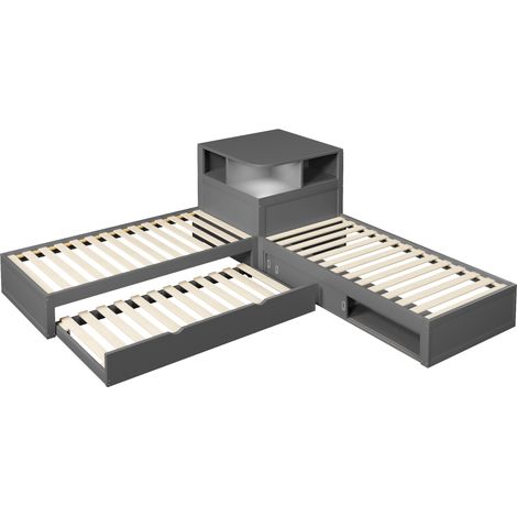 Cama plataforma en L 90x200 cm con cama nido y almacenaje con puertas correderas, gris (1/5)