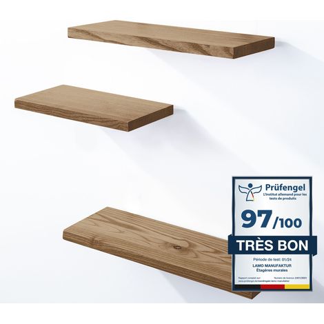Étagère murale en bois massif 3 étagères – Fixation invisible – Dimensions 42/36/30cm – Couleur marron noisette – Pour salon et rangement – Lamo Manufaktur
