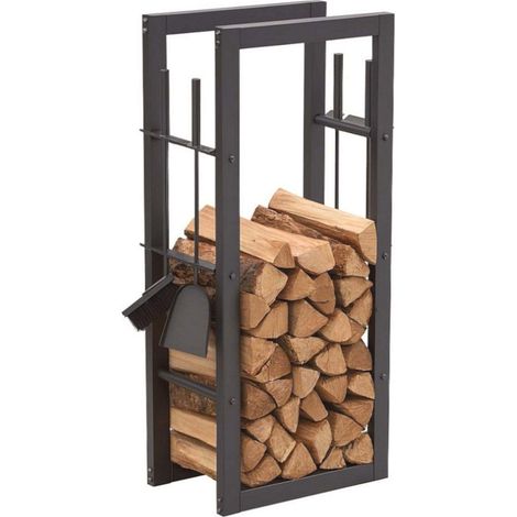 Dandibo – Support de bûches intérieur 96601 – Métal noir – Outils intégrés – Dimensions 100x40x25cm – Rangement gain de place pour bois de chauffage