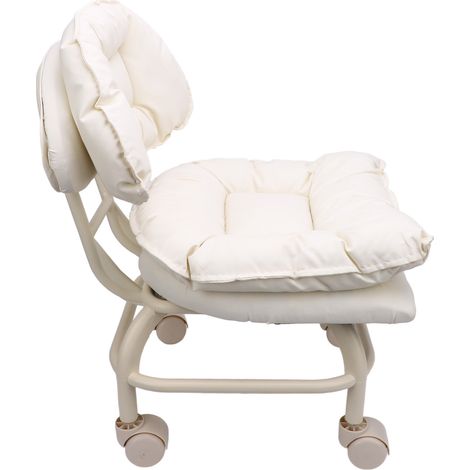 Tabouret bas à roulettes avec dossier imperméable en PU, pivotant à 360°, rembourrage souple, blanc. (1/5)