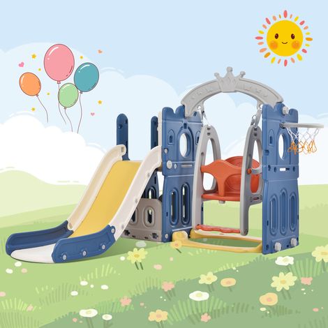 Scivolo per bambini 5 in 1 con altalena - Con scivolo, struttura per arrampicata, portaoggetti, supporto da basket per bambini Giochi al chiuso/all'aperto, adatto per 3-6 anni - Blu (1/5)