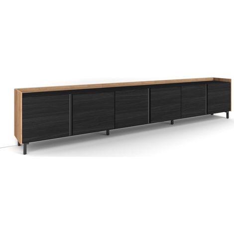Skraut Home - Mueble TV, Televisión, Muebles de salón, almacenaje, 309x35x61cm, Para TV hasta 80", Diseño industrial, Estilo Moderno, Negro y roble (1/5)