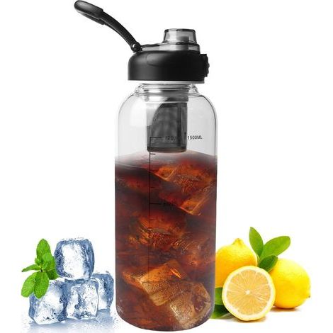 Bottiglia d'acqua trasparente da 1,5 litri, con indicatore di livello, a prova di perdite, chiusura unica, bottiglia in vetro di grandi dimensioni per fitness, casa, ufficio, per gli amanti del tè. (1/5)