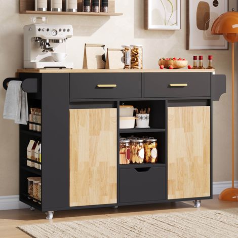 Isola cucina 120x71x90 cm, piano ribaltabile, 3 cassetti, porta spezie, ruote frenanti, MDF nero e naturale (1/5)