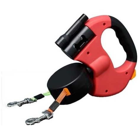 Einziehbare Doppel-Hundeleine mit Taschenlampe und 360° drehbarem Anti-Verwicklungsmechanismus (rot, 3 m). (1/5)