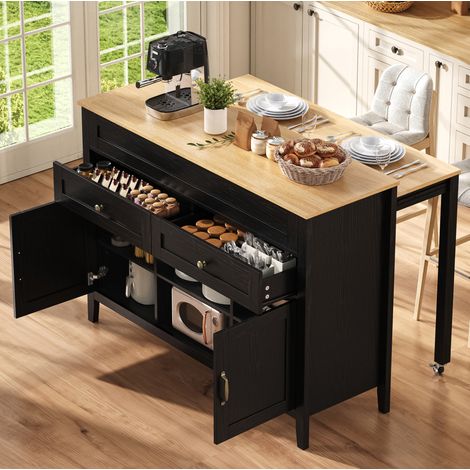 Îlot de cuisine avec table extensible, rangements et plan de travail effet bois noir HAVRYA (1/5)