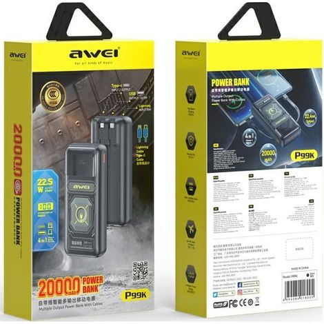 Batterie externe AWEI P99K 20 000 mAh 22,5 W Noir