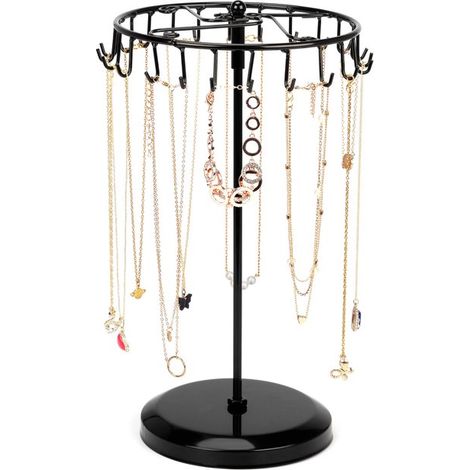 Présentoir à bijoux rotatif en métal noir (23 crochets) – H 34,8 x L 20,5 cm – Tour de rangement suspendue – Rangement pour colliers, bracelets, bagues et boucles d'oreilles (1/5)