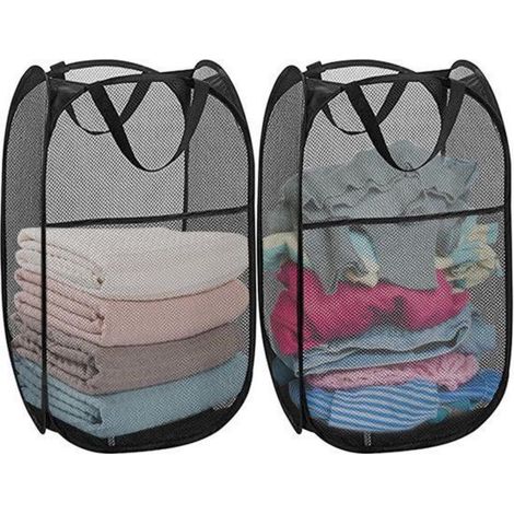 Lot de 2 paniers à linge pliables pop-up – Corbeilles à linge pour salle de bain, camping, dortoir et voyage – 36 × 36 × 56 cm – Noir (1/5)
