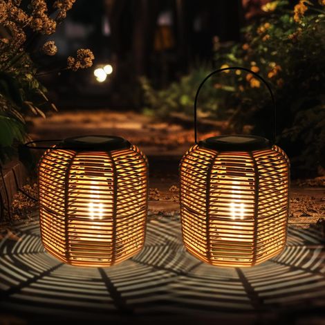 Solarlaterne – 2 Stück – Rattan – Automatische Beleuchtung – Garten, Terrasse, Hof – Schwarz (1/5)