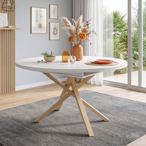 Table de salle à manger extensible, 100/140 x 100 cm, idéale pour 4 à 6 personnes, table ronde à pieds croisés, style minimaliste, convient pour la salle à manger, la cuisine et le salon, coloris blan (1/4)