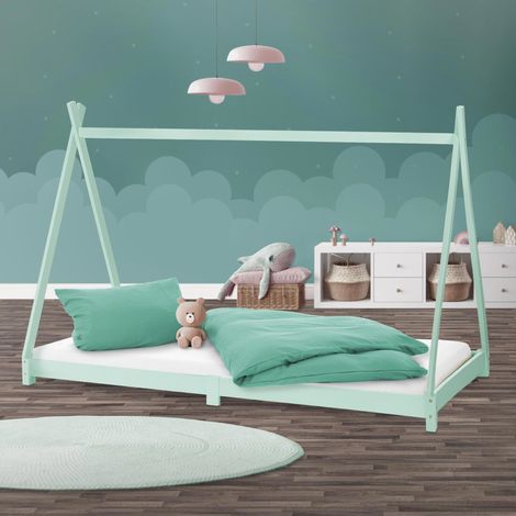 ML-Design Cama Infantil Tipi Verde Menta 90x200 cm Madera de Pino Maciza con Somier Estructura de Listones, Cuna de Suelo en Forma de Casa Tienda de Campaña de Indio Mobiliario Juego Lecho Niño y Bebé (1/5)