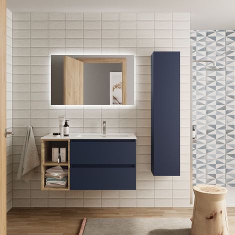 Meuble de salle de bain BEQUIA Plus 90cm Bleu mat /Chêne Vasque Porcelaine Robinet à droite (1/5)