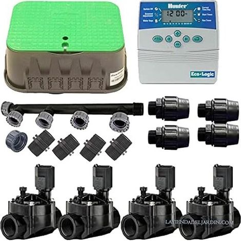 Kit de Riego Automático 4 zonas para riego electrico. Conjunto de Temporizador + Electroválvulas + Accesorios de instalación
