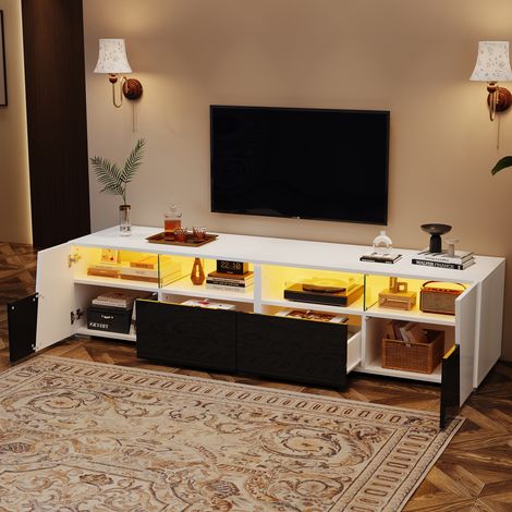 Meuble TV LED 180 cm avec Rangement Banc TV Façade Haute Brillance 2 Tiroirs 2 Portes Noir et Blanc pour Salon TV 80 Pouces (1/5)