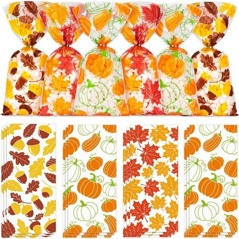 150 Sachets Cellophane Automne Feuilles d'Érable 3 Modèles Poches Cadeaux avec Attaches Dorées Sacs Bonbons Citrouille Plastique pour Fêtes Thanksgiving Accessoires de Fête d'Automne en Gros (1/5)