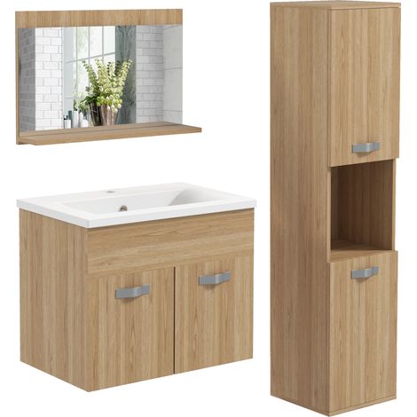 Set di mobili da bagno in 4 pezzi, a parete, con specchio, mobiletto sottolavabo, lavabo e mobiletto alto, colore naturale.
