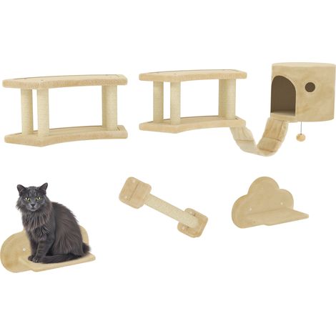 Ensemble d'escalade mural pour chat à 5 pièces avec poteau à gratter, plateformes de saut, échelle et niche beige (1/5)
